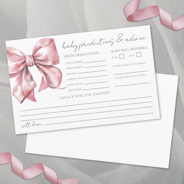Carte de prédictions de conseils pour une baby sho (Pink Bow Baby Shower Advice Predictions Card)