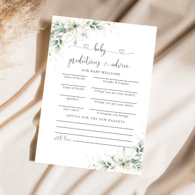 Carte de prédictions du Baby shower d'or Eucalyptu (Créateur téléchargé)