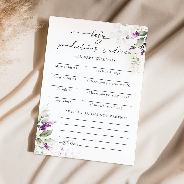 Carte de prédictions du Baby shower vert pourpre (Créateur téléchargé)