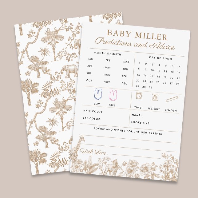 Carte de prédictions et de conseils pour bébé en t (Beige Toile Baby Shower Predictions Advice Card)