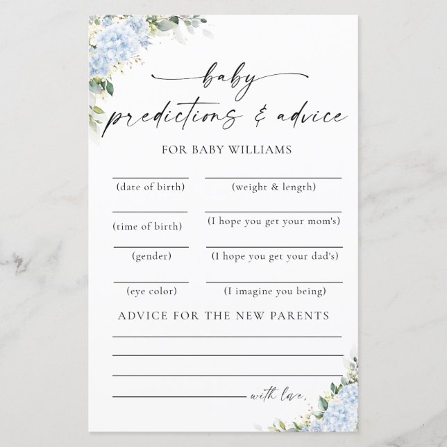 Carte de prédictions pour Baby Shower avec des fle (Devant)