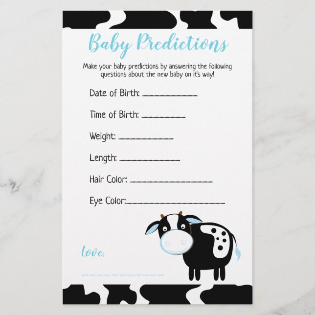 Carte de prédictions pour Baby Shower Ferme de Vac (Devant)