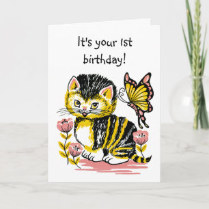 Carte de premier anniversaire adorable Kitten et B