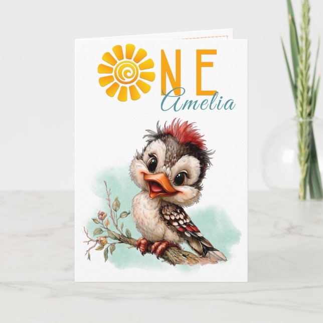 Carte de première année d'anniversaire d'oiseau d' (Devant)