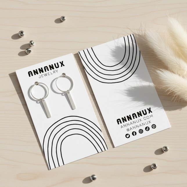 Carte de présentation de bijoux avec des lignes mi (Minimalist Lines Cool Earring Jewelry Display Card w Social Media Icons
)