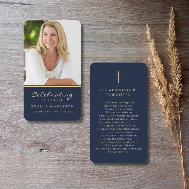 Carte de prière bleue Script Gold Memorial (Créateur téléchargé)