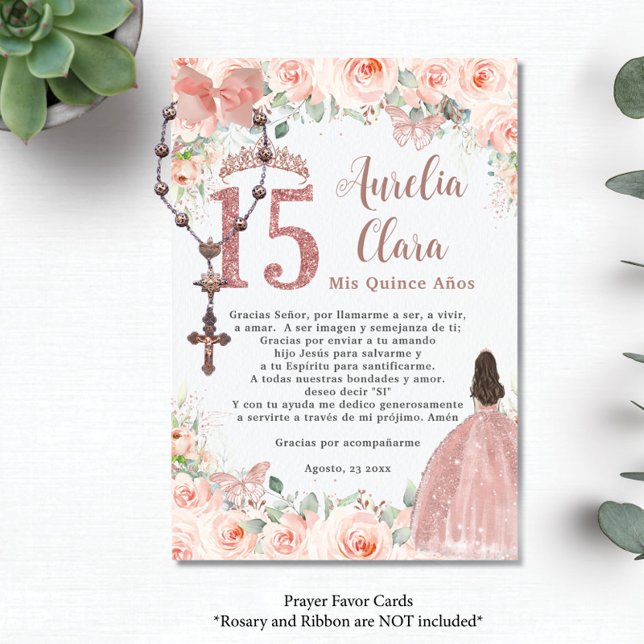 Carte de prière Blush Floral Rose Gold Quinceañera (Créateur téléchargé)