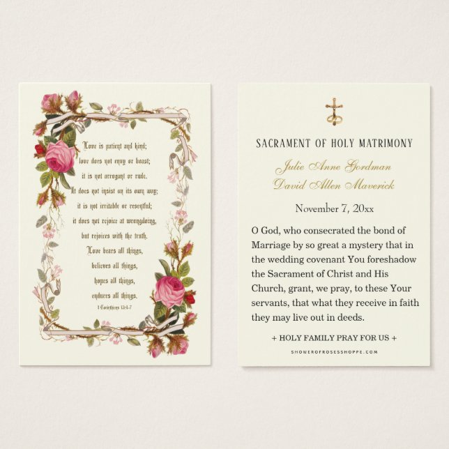 Carte de prière catholique de mariage aux roses ro (Devant & derrière)