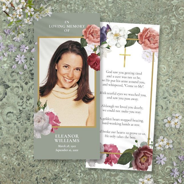 Carte de prière commémorative de photo de funérail (Floral Funeral Memorial Photo Prayer Card)