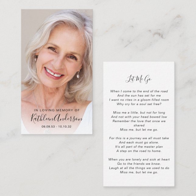 Carte de prière commémorative | Photo complète (Devant / Derrière)