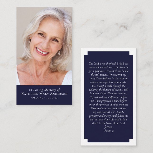 Carte de prière commémorative photo moderne bleu (Devant / Derrière)