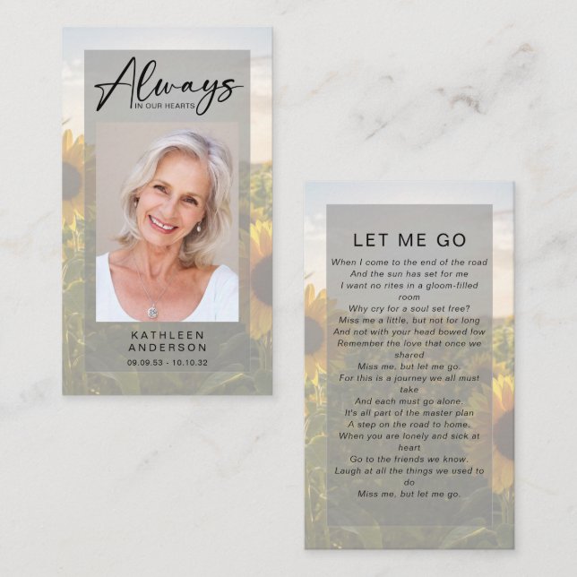 Carte de prière commémorative | Tournesols (Devant / Derrière)