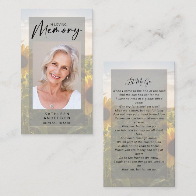 Carte de prière commémorative | Tournesols (Devant / Derrière)