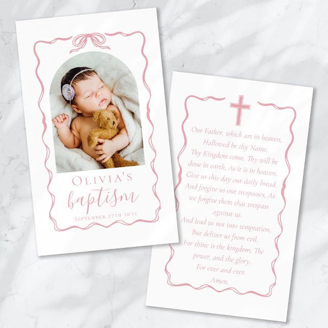 Carte de prière de baptême avec ruban rose et phot (Créateur téléchargé)