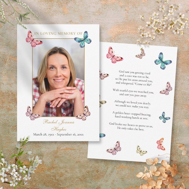 Carte de prière de funérailles de papillons poème  (Butterflies Funeral Prayer Poem Photo Card)