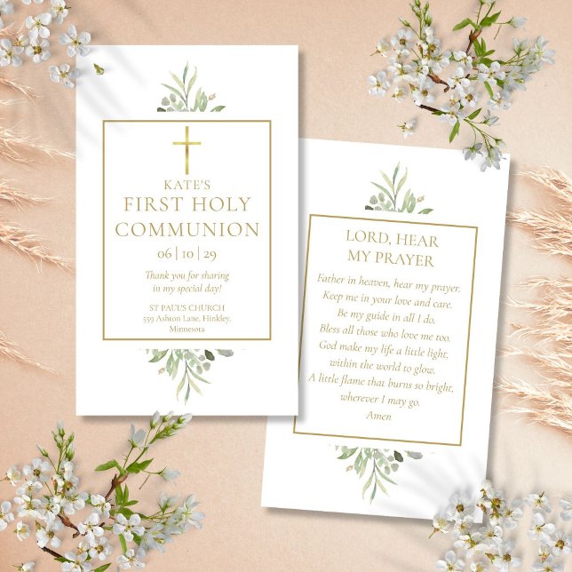 Carte de prière de la première sainte communion ve (Greenery First Holy Communion Prayer Card)
