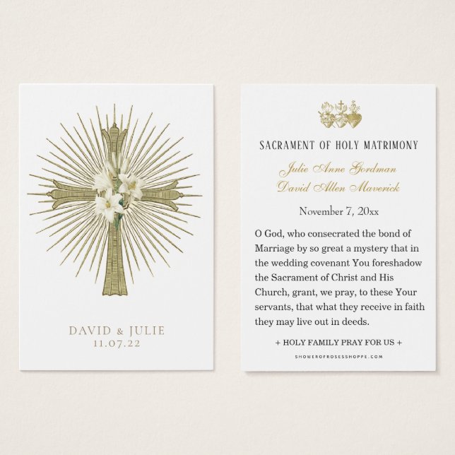 Carte de prière de mariage catholique avec croix e (Devant & derrière)