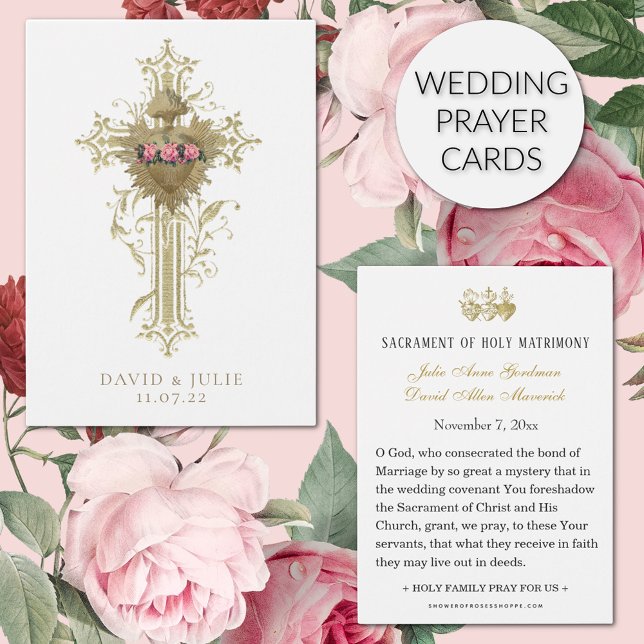 Carte de prière de mariage catholique Croix et Cœu (Featuring a beautiful traditional Catholic wedding prayer card with the Immaculate Heart of Mary. )
