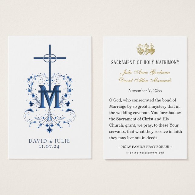 Carte de prière de mariage catholique Croix marial (Devant & derrière)