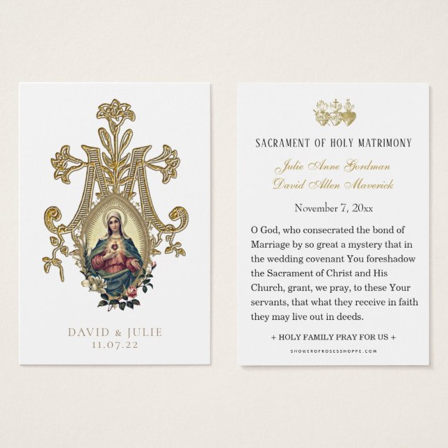Carte de prière de mariage catholique en or élégan (Devant & derrière)