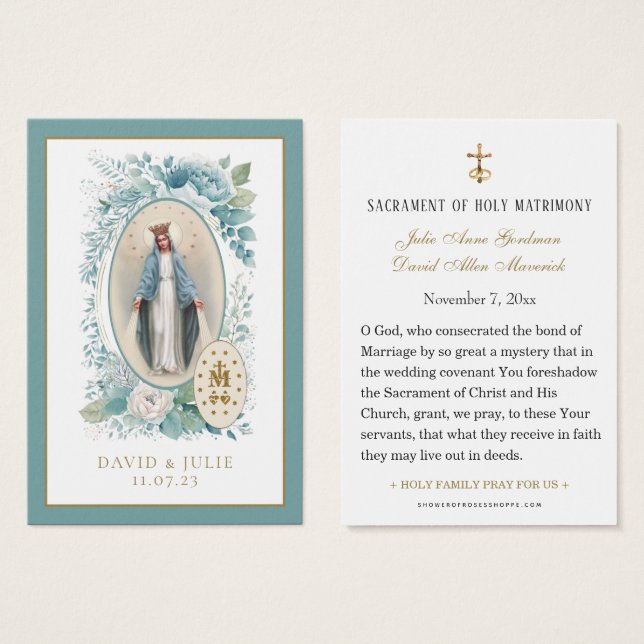 Carte de prière de mariage catholique florale bleu (Devant & derrière)