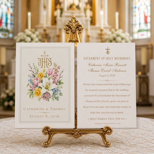 Carte de prière de mariage catholique IHS Souvenir (A timeless Catholic wedding prayer card, placing Christ at the center of holy matrimony.)