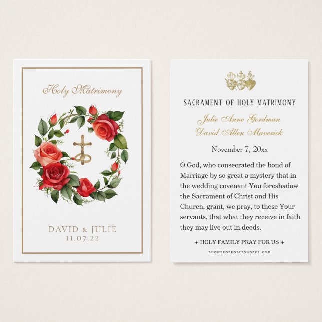 Carte de prière de mariage Catholique Red Roses Cr (Devant & derrière)