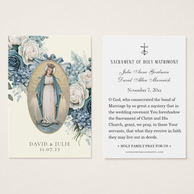 Carte de prière de mariage catholique Vierge Marie (Devant & derrière)