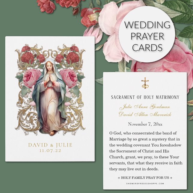 Carte de prière de mariage catholique Vierge Marie (Traditional Catholic Wedding Prayer card with the Blessed Virgin Mary and Roses)