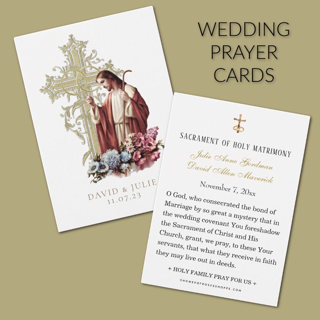 Carte de prière de mariage croix dorée Jésus catho (Traditional Catholic Wedding Prayer Cards Jesus the Good Shepherd
)