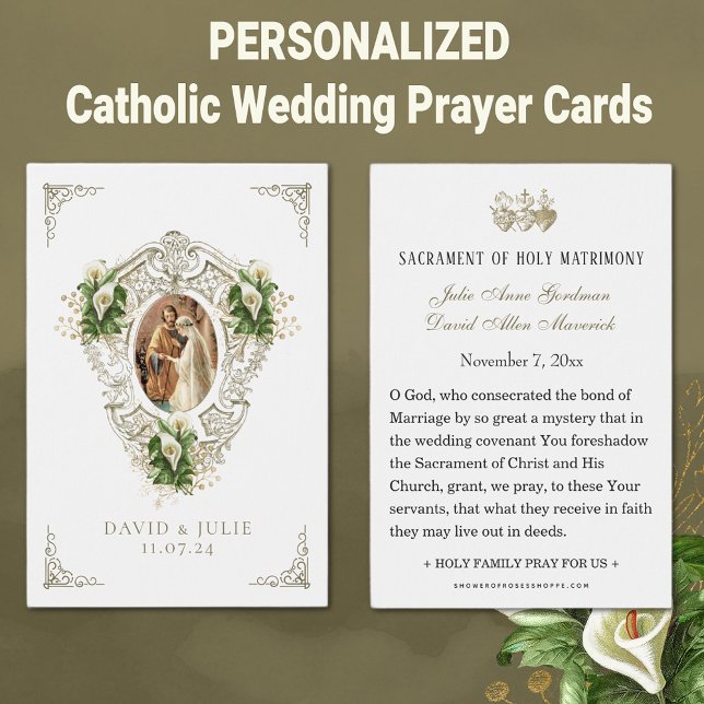 Carte de prière de mariage florale catholique (Traditional Catholic Personalized Wedding Prayer Cards with Calla Lilies)