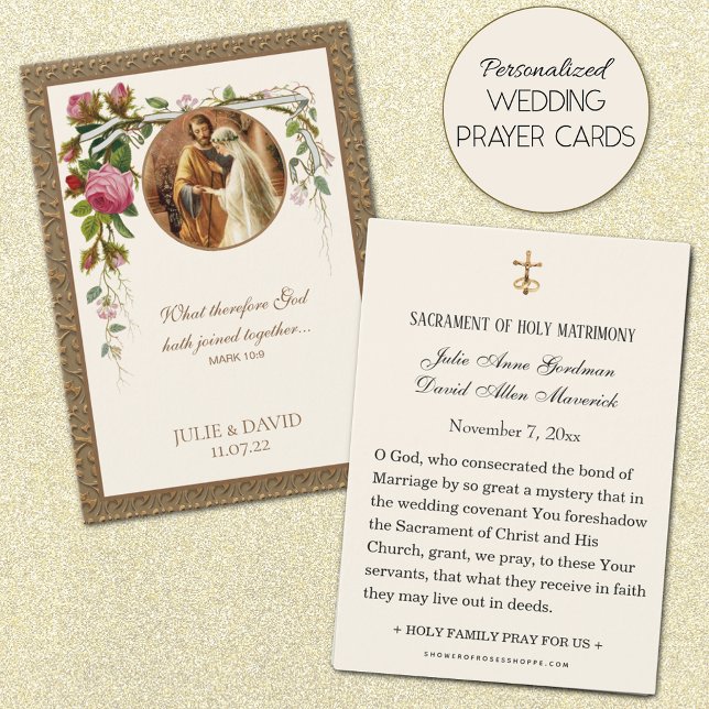 Carte de prière de mariage florale élégante avec É (Personalized Traditional Catholic Wedding Prayer Cards)