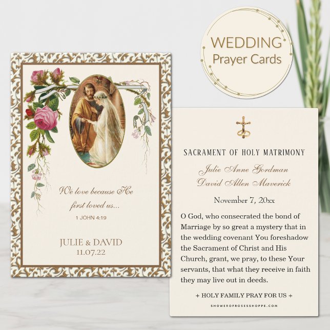 Carte de prière de mariage florale en or avec écri (Créateur téléchargé)