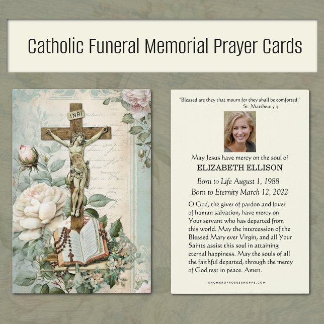 Carte de prière de mémorial de funérailles catholi (Vintage Catholic Funeral Memorial Prayer Cards with Crucified and Roses)
