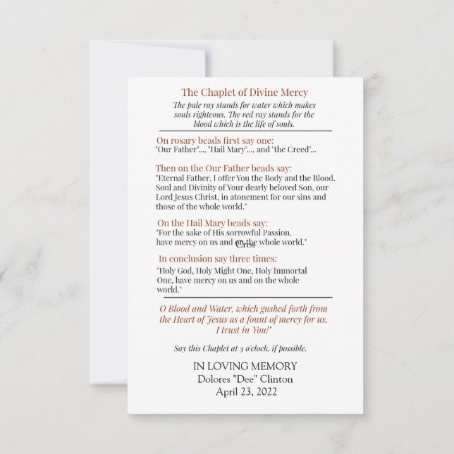 Carte de prière de miséricorde divine Chaplet (Dos)