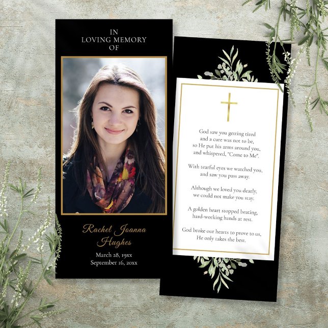 Carte de prière de verdure de photo de mémorial de (Black Funeral Memorial Photo Greenery Prayer Card)