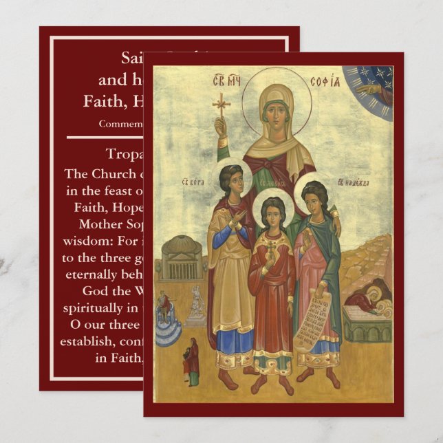 carte de prière des Saints Sophie, Foi, Espérance, (Devant / Derrière)