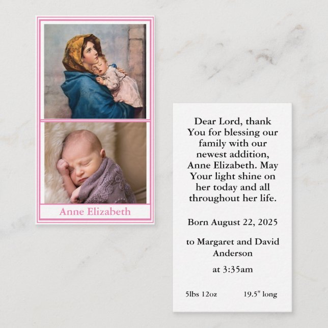 Carte de prière faire-part de naissance (Devant / Derrière)