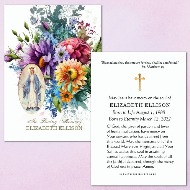 Carte de prière florale Mary Floral (Traditional Catholic Funeral Memorial Prayer Card)
