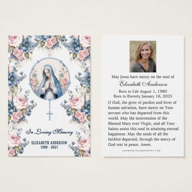 Carte de prière funéraire catholique de la Vierge  (Devant & derrière)