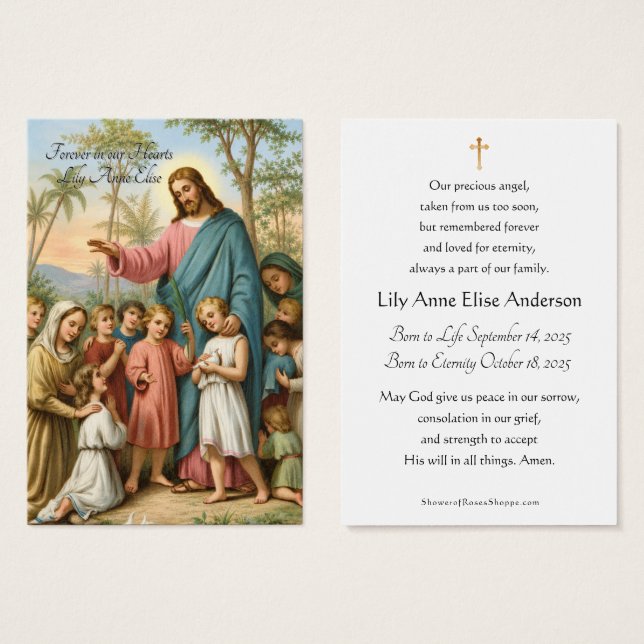 Carte de prière funéraire catholique pour jeune en (Devant & derrière)