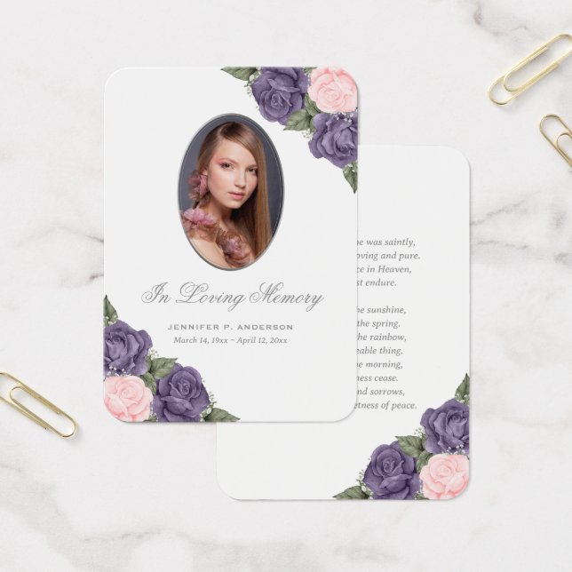 Carte de prière funéraire commémorative rose viole (Bureau)