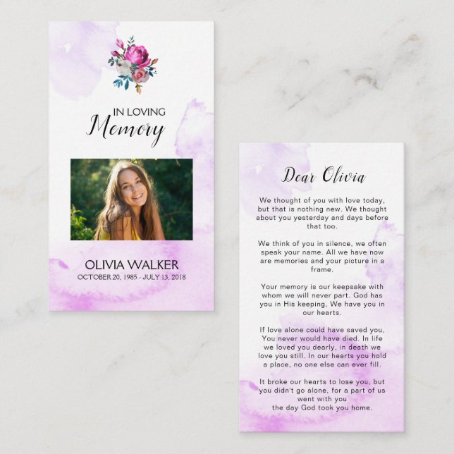 Carte de prière funéraire de poème mémorial violet (Devant / Derrière)