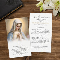 Carte de prière funéraire photo de la Vierge Marie