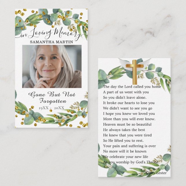 Carte de prière funéraire photo de verdure botaniq (Devant / Derrière)