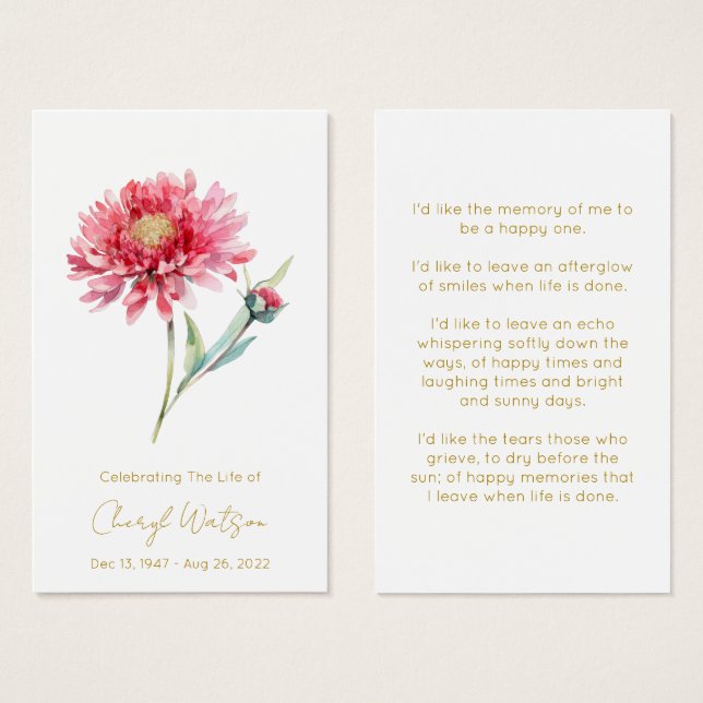 Carte de prière funéraire simple chrysanthème (Devant & derrière)