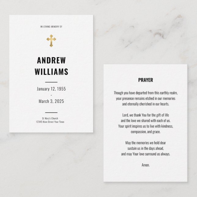 Carte de prière funéraire simple noir et blanc (Devant / Derrière)