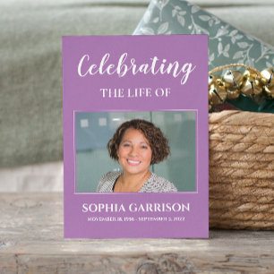 Carte de prière funéraire violet blanc avec photo