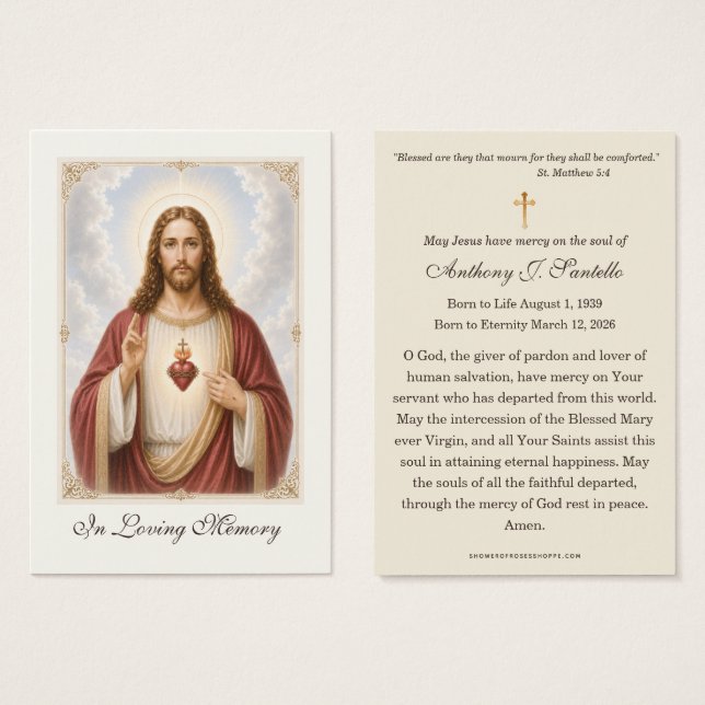 Carte de prière mémorielle catholique du Sacré-Cœu (Devant & derrière)