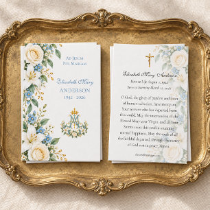 Carte de prière mémorielle catholique florale bleu